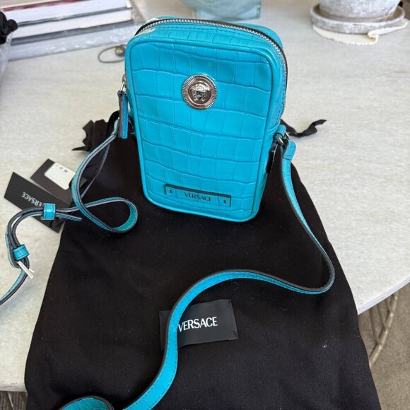 Versace Blue Croc-Embossed Medusa Mini Phone Case Bag 1006192 - Picture 6 of 15